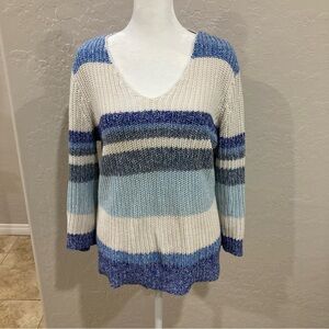Chaps Women's V-Neck Sweater in Blue and Cream Stripes Size L